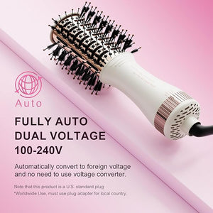 4-in-1 Travel Dual Voltage Hair Dryer Brush Blow Dryer Brush,Portable 2 inch Mini Hot Air Brush,Travel Hair Styler/Volumizer/Straightener/Curler,110-240V European Blow Dry Brush with EU&amp;UK Plug