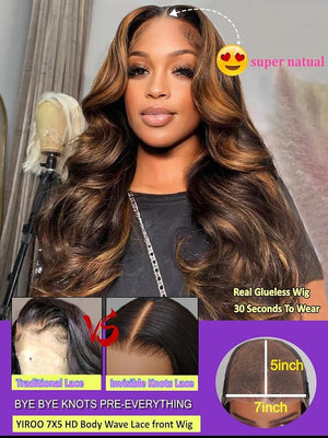 YIROO Bye Bye Knots 7x5 HD Lace Glueless Wig Human Hair Highlight Ombre Brown Body Wave Wig with Elastic Drawstring Pre Cut Pre Plucked Pre Bleached Invisible Knots Put On and Go 150% Density 18Inch