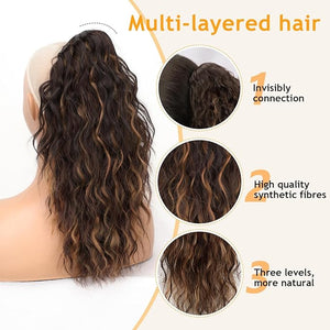 ORSUNCER Claw Clip Ponytail Extension Wavy Pony Tails Hair Extensions Layered Fluffy Clip on ponytails for Women Synthetic Hairpieces Omber Brown with Blonde Highlights