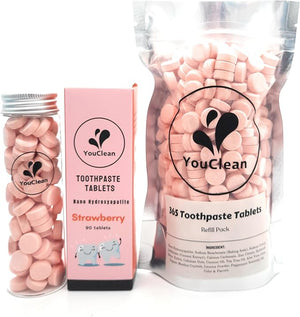 Refill Pack - 365 Toothpaste Tablets - Natural Remineralization &amp Whitening with Nano Hydroxyapatite - Travel or Daily Use - Fluoride Free (Strawberry365)