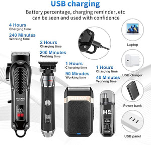 HIENA PRO Professional Cordless Hair Clippers for Men T-Blade Beard Trimmer &amp Foil Shaver &amp Nose Hair Trimmer Set Rechargeable Electric Barber Hair Cutting Grooming Kit