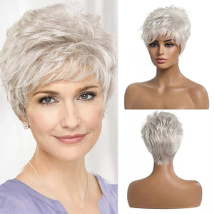 Silver Gray Short Real Hair Wigs Pixie Cut with Bangs Wigs Human Hair Breathable Lightweight Glueless Design for Natural Everyday Use (Silver Grey)