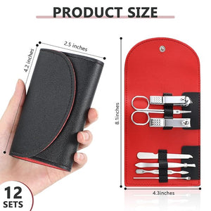 12 Set Manicure Set Bulk Mini Manicure Nail Clipper Kit 7 in 1 Stainless Steel Professional Nail Care Pedicure with Travel Portable Bag Grooming Kits for Christmas Women Men Home(Black)
