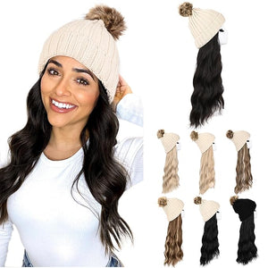 HOOJIH Wig Hat with Long Wavy Curly Hair, Warm Knitted Beanie Hat Wig with Faux Fur Pom - 18 Inch Synthetic Hairpiece for Women Girls Winter - Black Brown