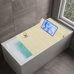 Foldable Bathtub Cover Tray, Dual Use Heat Retaining and Storage Shelf, Dust Proof Pet Safe Design, Eco-Friendly PVC with 11lb Capacity for Standard Tubs (White/Yellow) (Yellow, 150 * 70 * 0.65cm)
