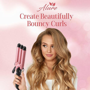 Alure Three Barrel Curling Iron Wand Hair Waver with LCD Temperature Display - 1 Inch Ceramic Tourmaline Triple Barrels Dual Voltage Crimp (Rose Gold)