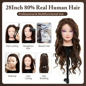 28" Mannequin Head with 80% Human Hair, Cosmetology Makeup Manikin Doll Head for Hair Styling, Training Practice Braiding Head with Table Clamp,DIY Hair Styling Set #4