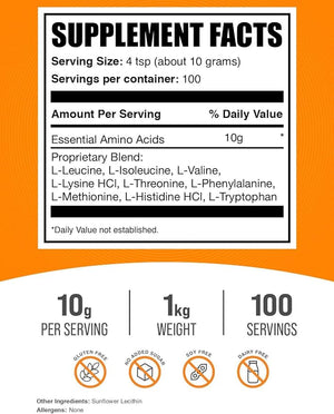 BulkSupplements.com Essential Amino Acids Powder - Essential Amino Acids Supplement EAA Powder - Unflavored &amp Gluten Free 10g per Serving 1kg (2.2 lbs) (Pack of 1)