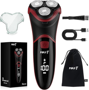 MAX-T Men's Electric Shaver - Corded and Cordless Rechargeable 3D Rotary Shaver Razor for Men with Pop-up Sideburn Trimmer Wet and Dry Painless 100-240V Red