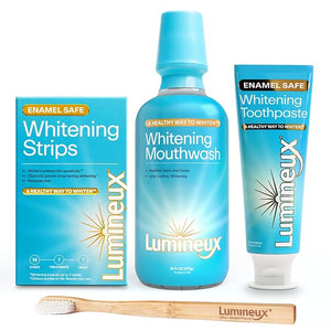 Lumineux Teeth Whitening Kit Peroxide Free for Whiter Teeth Includes 7 Whitening Treatments, 1 Mouthwash, 1 Toothpaste &amp; 1 Bamboo Toothbrush, Dentist Formulated
