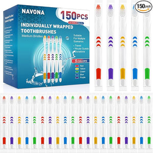 Navona 150 PCS Individually Wrapped Bulk Toothbrush Pack, Disposable Soft Bristle for Adult or Kid, Ergonomic Handle, Perfect for Travel, Hotel, Donation