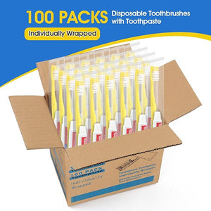 Homvle Disposable Toothbrushes with Toothpaste - 100 Packs Individually Wrapped Travel Toothbrushes Bulk Medium Soft Bristles Perfect for Travel Size Toiletries OCC Airbnb Dentist Office