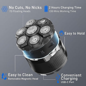 Head Shavers for Bald MenWaterproof Wet Dry Bald Head Electric RazorCordless LED Display Rechargeable 7D Rotary Shaver with Type-C Charge