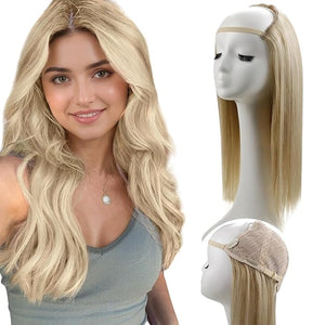RUNATURE U Part Wig Human Hair Blonde Brazilian Real Remy Hair for Women Soft Straight U Part Human Hair Wig for Women 14 Inch 150% Density #16P22 Dark Ash Blonde Highlight Light Blonde