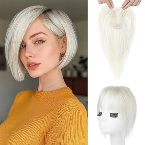 REECHO Hair Toppers for Women Real Human Hair Seamless Human Hair Toppers with Bangs 360¡Æ 3D Cover Clip in Bangs Hair Extensions for Daily Wear Platinum Blonde