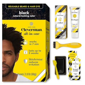 Cleverman Hair &amp; Beard Dye Kit for Men, All-in-One Reusable Mens Hair Color, Natural Gray Coverage, Ammonia-Free Beard Mustache Dye for Men (Black for Black Men)