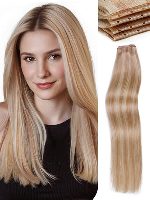 WIGNEE 100% Remy Double Wefts Invisible PU OVO Human Hair Extensions 16 Inch Micro Beads Real Human Hair Extensions Strawberry Highlight Blonde Weft Hair Extensions Human Hair Glueless (18/613)