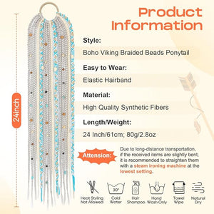 SEIKEA Boho Braided Ponytail Extension with Hair Tie 24 Long Viking Dreadlock Beads Ponytail Hand-braided Braids Hair Extensions Lightweight Natural Synthetic Hairpiece for Festival Cosplay