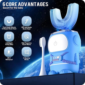 RexCodar Ultrasonic Kid's U-Shaped Electric Toothbrush IPX7 Waterproof Five Cleaning Modes 60S Smart Reminder (Navy Blue Ages 6-12)