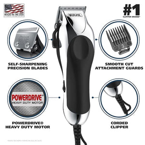 Wahl USA Chrome Pro Corded Clipper Complete Haircutting Kit for Men ? Powerful Total Hair Clipping Beard Trimming &amp Grooming - Model 3024635
