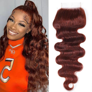 UNICE Reddish Brown Body Wave Human Hair 4x4 Lace Closure Free Part Brazilian Human Remy Hair Auburn Brown Body Wave Human Hair Closure 33B Color 18 inch
