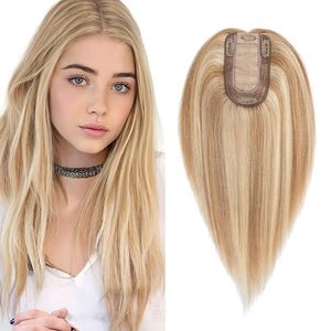 SEGO Real Human Hair Topper for Women Toppers with 4 Anti-Slip Clips with Thinning hair No Bangs (12 Inch#12P613 Golden Brown Mix Bleach Blonde)