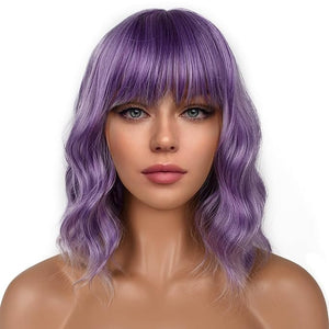 Short Bob Wigs with Bangs for Women Loose Wavy Wig Curly Wavy Shoulder Length Bob Synthetic Cosplay Wig for Girl Colorful Costume Wigs (Violet)