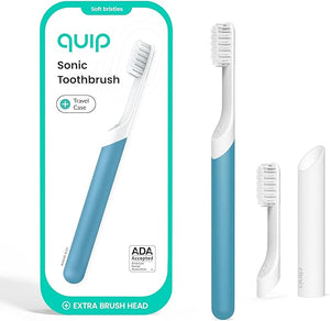 Quip Sonic Electric Toothbrush for Adults - Time Travel &amp Soft Bristles with Travel Case &amp Replacement Brush Head - 3 Month Battery Life Plastic Handle - Marine Blue