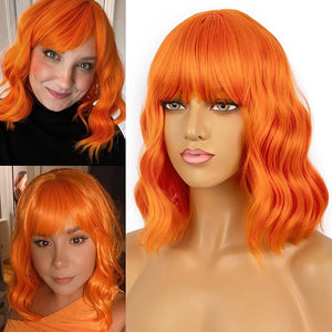 Wavy Wig With Bangs Women's Short Orange Wigs Curly Wavy Bob Synthetic Cosplay Wig for Girls Daily Use Halloween Wigs(12 Orange)