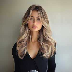 Ombre Light Brown Wig with Bangs Natural Wavy Human Hair Heat Resistant Wig for Cosplay Party Daily Use