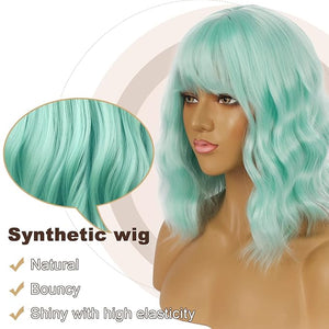 Short Bob Wigs with Bangs for Women Loose Wavy Wig Curly Wavy Shoulder Length Bob Synthetic Cosplay Wig for Girl Colorful Costume Wigs (Mint Green)