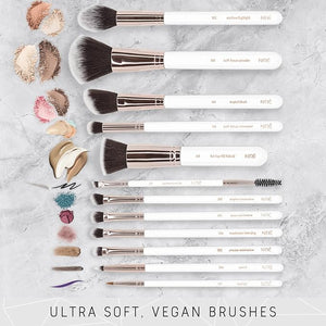 Nir? Beauty White 15piece Award Winning Professional Makeup Brush Set: Vegan Makeup Brushes with Case Makeup Sponge Cleaner Guide Gift Box