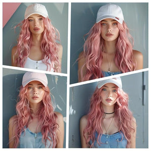 Long Wavy Pink Wig with White Baseball Cap Heat Resistant Synthetic Hair Extension Natural Looking Curls for Cosplay