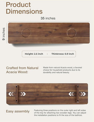 Tinamo 35¡±L Wooden Bathtub Tray Bathtub Caddy Tray For Tub with Tablet Slot &amp Wine Holder - Acacia Bath Tray For Tub Bath Table - Bathtub Tray Table with Adjustable Legs (Walnut color 35x 9x2