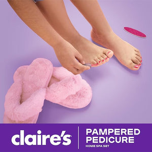 Claire's Kids Pedicure Kit 7-Piece Home Spa Set with Fuzzy Slippers Nail Polish Toe Separators &amp Nail File Kids Pedicure Tools for Feet Girl Toys &amp Beauty Activity Gift for Girls Age 8+
