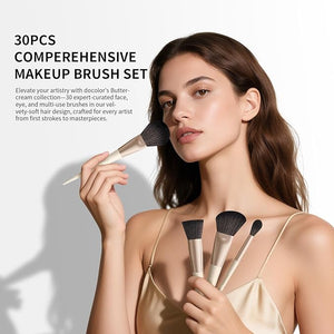 Docolor Makeup Brushes Set Professional 30Pcs Makeup Brushes Premium Synthetic Powder Kabuki Foundation Contour Blush Concealer Eye Shadow Blending Eyeliner Crease Eyebrow Make Up Brush Kit - Beige