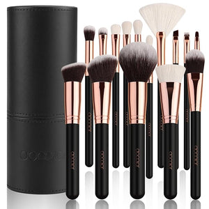 docolor Makeup Brush Set Professional 15 PCS Black Wood Handle Makeup Brushes Premium Cruelty-Free Synthetic Fiber Hair Travel Make up Brushes Set with Case