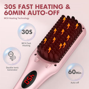 Enhanced Hair Straightener Heat Brush by MiroPure 2-in-1 Ceramic Ionic Straightening Brush Hot Comb with Anti-Scald Feature Auto Temperature Lock &amp Auto-Off Function (Pink) 4 Piece Set