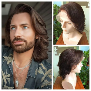 Men's layered Cut hairstyle Pre Styled Full Lace Wig Dark brown 2# hair color Natural wave transparent Lace remy human hair wig (Dark Brown 2# Full lace wig)