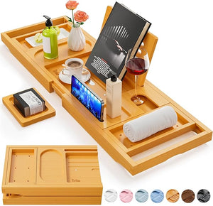 Premium Bathtub Tray Caddy Expandable Bath Tray Unique House Warming Gifts New Home Anniversary and Wedding Gifts for Couple Bridal Shower Gift for Women