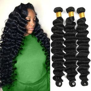Loose Deep Wave Human Hair Bundles 100% Unprocessed Brazilian Virgin Remy Hair Extension (20 22 24 Inch) Natural Black Color for Women Soft and Full No Tangle and Shedding