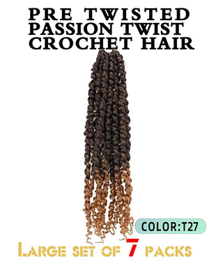 Pre-twisted Passion Twist Crochet Hair for Black Women 14 Inch 7 Packs Passion Twist HairPre-looped Crochet HairSynthetic Spring Kinky Twist Braiding Hair Extensions (14-7PT27)