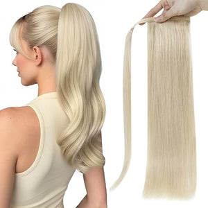 Full Shine Human Hair Ponytail Extension Platinum Blonde Ponytail Extension Blonde Human Hair Straight Remy For Women 70 Grams 14 Inch