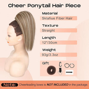 SEIKEA Cheer Ponytail Hair Piece 10 Straight Tangle-Resistant Smooth Natural Cheerleader Hairpiece Ponytail Extension for Cheer Competition Dance White Blonde with Ash Brown Highlights
