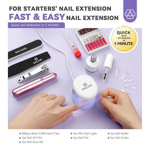 SAVILAND Gel Nail Kit with U V Light: Gel Nail X Kit with Nails Glue Easy At Home Nail Kit 500Pcs Short Coffin Nail Tips and Nail Drill 4-in-1 Glue Gels 15ML Mini U V Nail Lamp For Manicure