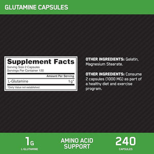 Optimum Nutrition L-Glutamine Muscle Recovery Capsules 1000mg 240 Count (Package May Vary)