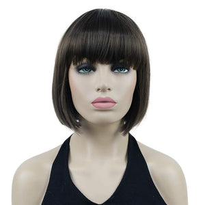 Lydell 8 Straight Short Bob Hair Flat Bangs Cute Central Dot Skin Top Heat Resistant Synthetic Wigs (8 Light Chestnut Brown)