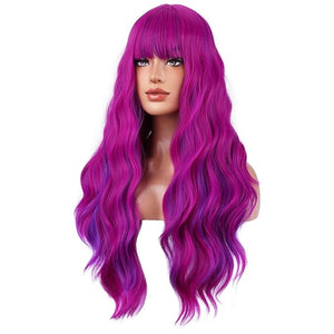 BERON Rose and Purple Long Wigs Curly Wavy Women Pastel Wigs with Bangs Hot Pink Color Heat Resistant Synthetic for Cosplay or Daily Wigs Wig Cap Included