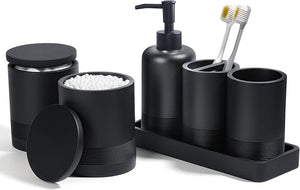 Bathroom Accessories Set 6-Piece Bathroom Accessory Set Toothbrush Holders Set Soap Dispenser Vanity Tray Tumbler Cotton Swab Jars Bathroom Organizer for Modern Bathrooms(Matte Black)