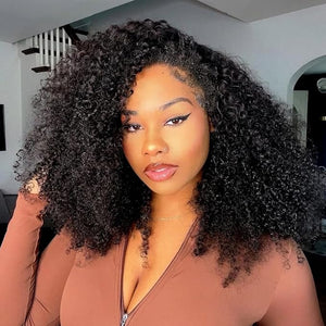 Glueless Half Wigs Human Hair Kinky-Curly Headband Wig Upgrade 3 In 1 Half Wig with Drawstring Seamless Clip Ins Flip Over 200 Density Curly Human Hair Wig For Black Women 16 Inch